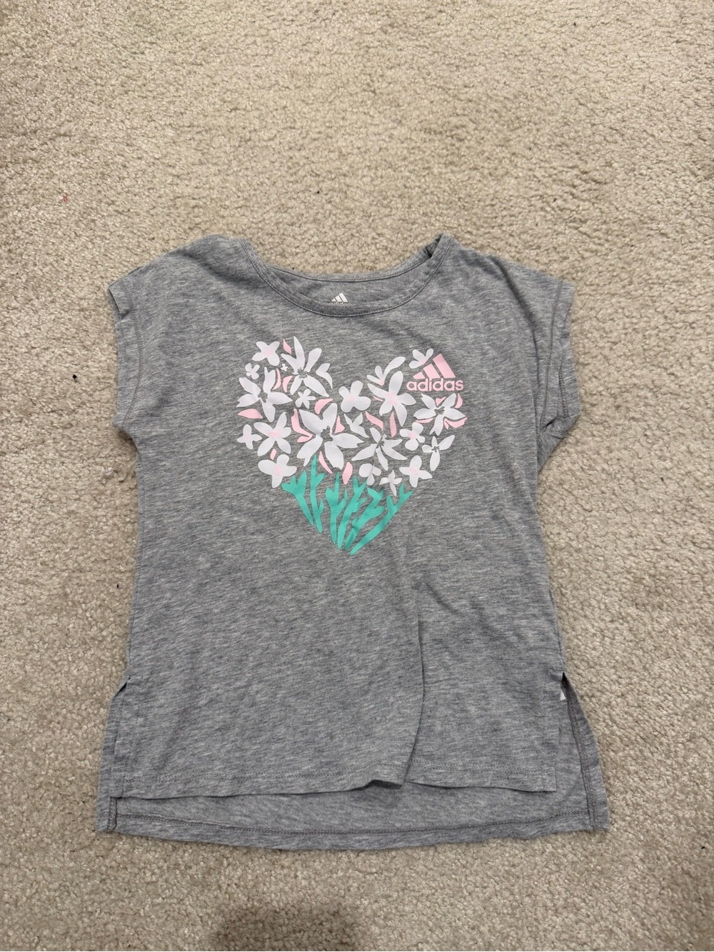 adidas Gray Tee with Pink & Teal Floral Heart Graphic